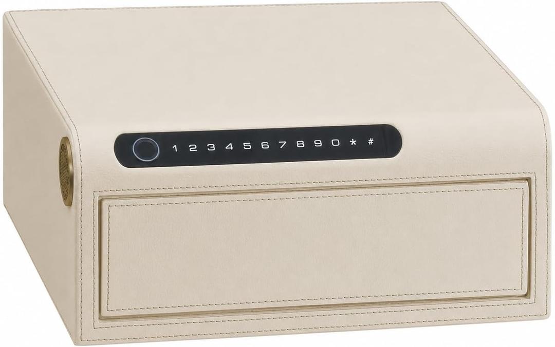 Jewelry Safe for Home with Drawers, Biometric Fingerprint Lock Box, Slide-Away Drawer for Handguns & Documents, Leather-Wrapped Watch Safe Organizer, Digital Keypad & Jewelry Tray, 14"W × 16.5"D