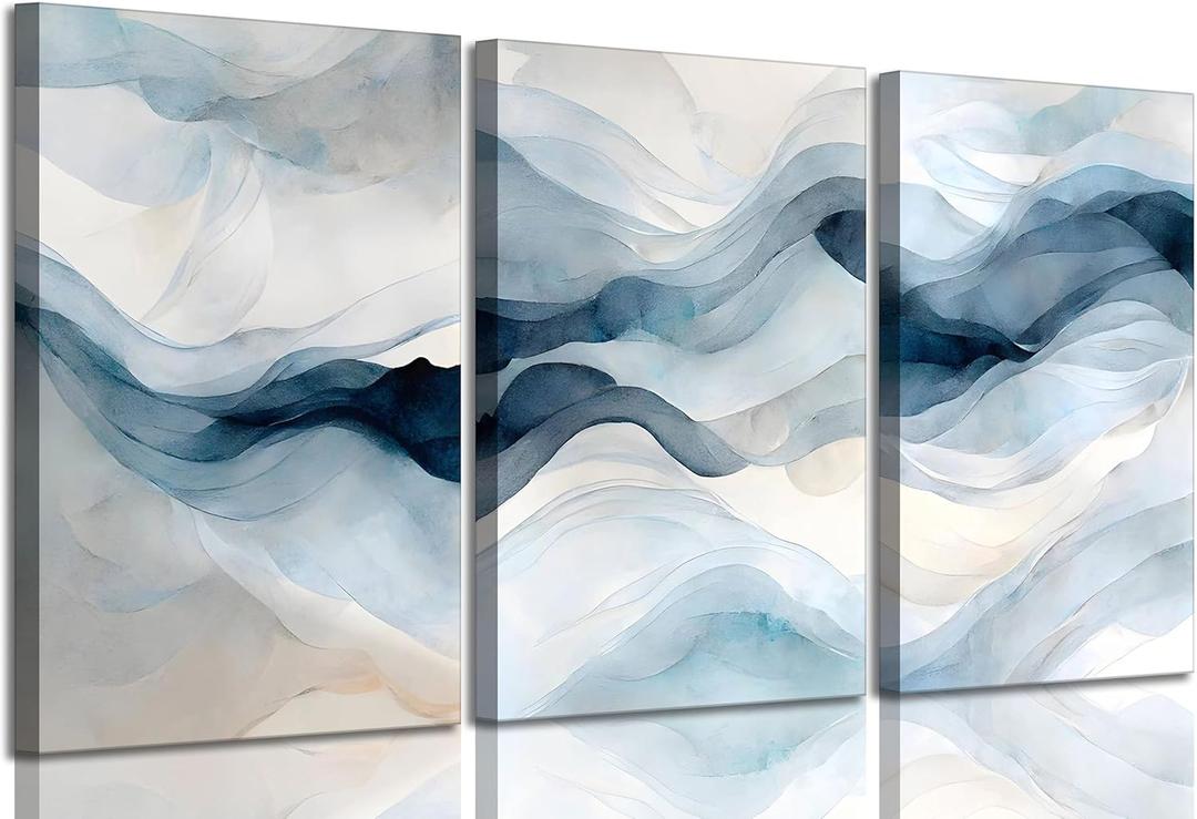 3 Pcs Modern Navy Blue Abstract Canvas Wall Art Minimalist Geometric Smoke Ombre Ink Painting Picture Wall Decor Poster Print Artwork for Living Room Bedroom Office Home Decoration (16x24in-Canvas, Blue-Canvas)