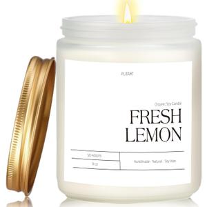 Fresh Lemon Highly Scented Candle for Home, 9oz Natural Soy Aromatherapy Non Toxic Candles with Essential Oil, Home Fragrance Stress Relief & Meditation Jar Candles Gifts for Women & Men, White