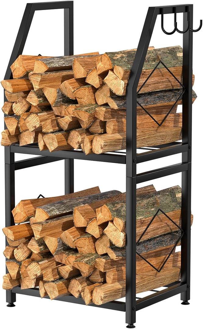 VyGrow Firewood Rack for Indoor, 2-Tier Firewood Holder with 3 Hanging Hooks, Heavy Duty Wood Rack for Outdoor Patio, Black (15.7"W)