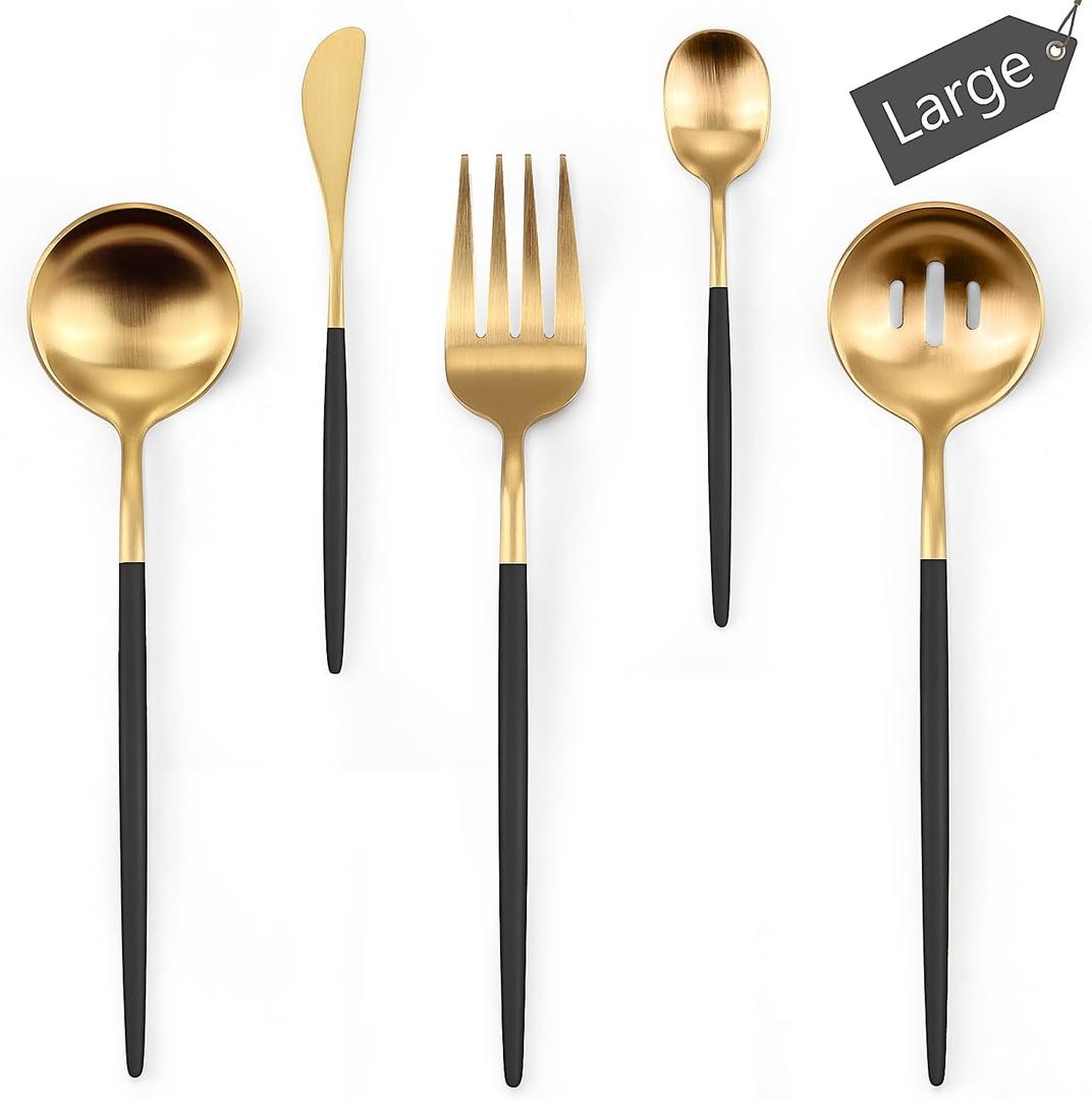 Blackgold Serving Utensils,5 Pieces Hostess Set,Stainless Steel Serving Utensils Set Include Serving Fork,Large Serving Spoon and Serving Slotted Spoons,Sugar Spoons and Butter Knife,Dishwasher Safe