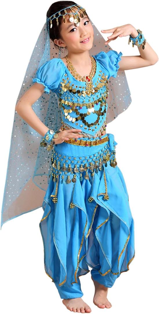 Astage Girl Kids Halloween Party Costume Belly Dance Active Wear All Ornaments (M For height 53in-57in, Sky Blue)