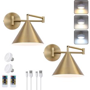 Rechargeable Swing Arm Wall Sconces Set of 2,Gold Battery Operated Wireless Dimmable 3 Color Wall Light with Remote,Cone Indoor Light Fixture for Bedside,Kitchen,Hallway,Living Room,Reading