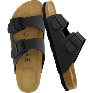 CUSHIONAIRE Lane Cork Footbed Mens Sandals, Adjustable Buckle Comfort Slides for Men, Genuine Leather Insole Summer Sandals Men Footwear (11, Black Nubuck)