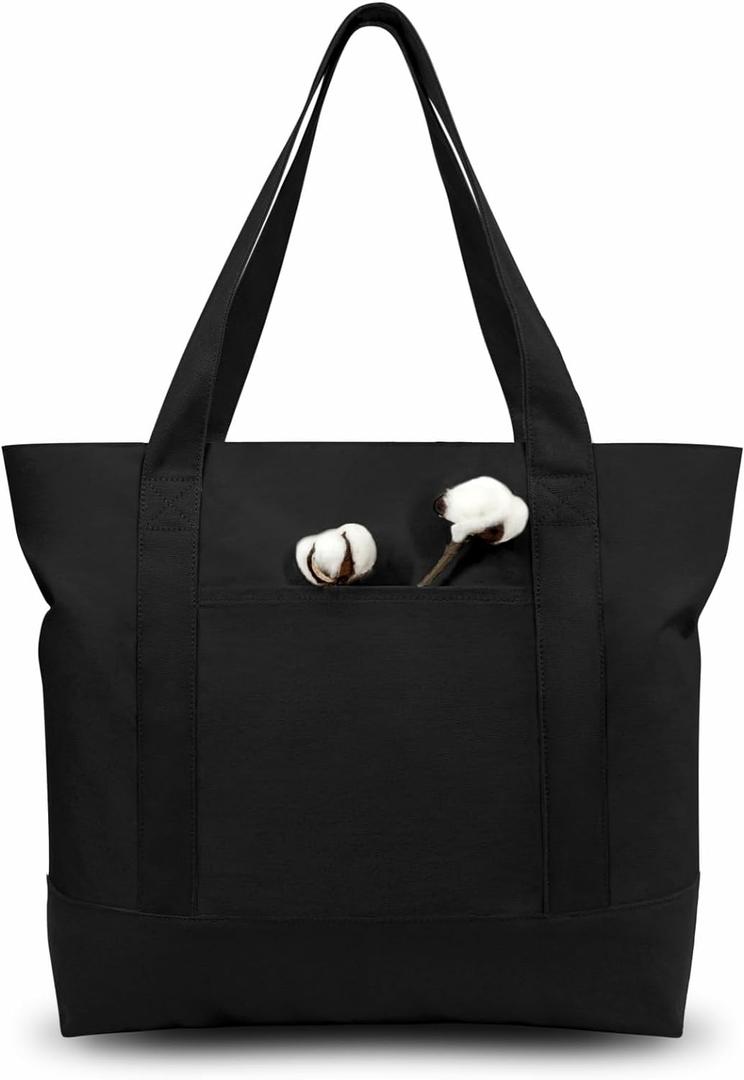 TOPDesign 1-Pack Canvas Tote Bag with an External Pocket, Reusable Grocery Shopping Bag, Top Zipper Closure, Daily Essentials (Black)