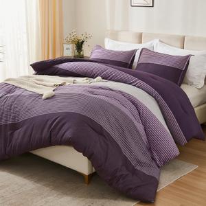 Litanika Purple Queen Comforter Set, 3 Pieces Striped Bedding Set, Lightweight Soft All Season Down Alternative Comforter Set (1 Gray&Purple Comforter, 2 Pillowcases)