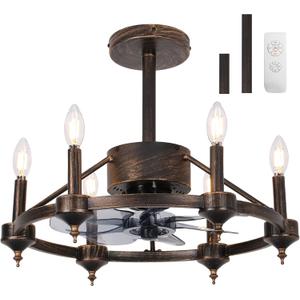 Farmhouse Chandelier Ceiling Fans with Lights for Bedroom Rustic, Vintage Cage Fandelier with Lights and Remote,Antique Bronze Wagon Wheel Chandelier Fan for Kitchen Dining Room