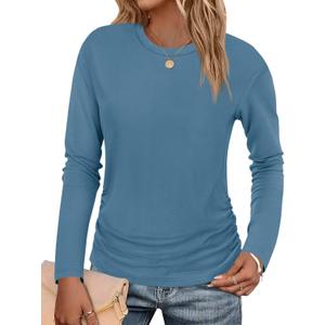 Tankaneo Womens T-Shirts Summer Long Sleeve 2025 Crew Neck Blouse Dressy Casual Ruched Slim Fit Trendy Tops (Blue, L)