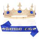 Amairver King Crown and Sash for Men - Gold Blue Kings Tiaras for Birthday Party Decorations