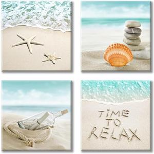UTOP-art Seashell Beach Pictures Canvas Wall Art For Bathroom Drift Bottle & Seashells on the Beach Pictures Canvas Print for Bathroom (12'' x 12'' x 4 Panels)