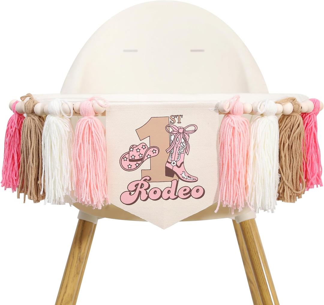 My First Rodeo High Chair Tassel Banner - 1st Birthday Party Decorations, Western Cowboy Theme, Farm Baby Shower, Photo Props, First Rodeo Cake Smash Decor, Rustic Wild West Celebration (Pink Cowgirl)