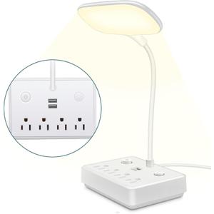 LED Desk Lamp with 2 USB Charging Port and 4 AC Power Outlet - 3 Lighting Modes, Adjustable Gooseneck, Eye-Caring Small White Table Lamp for Home Office College Dorm Room Essentials