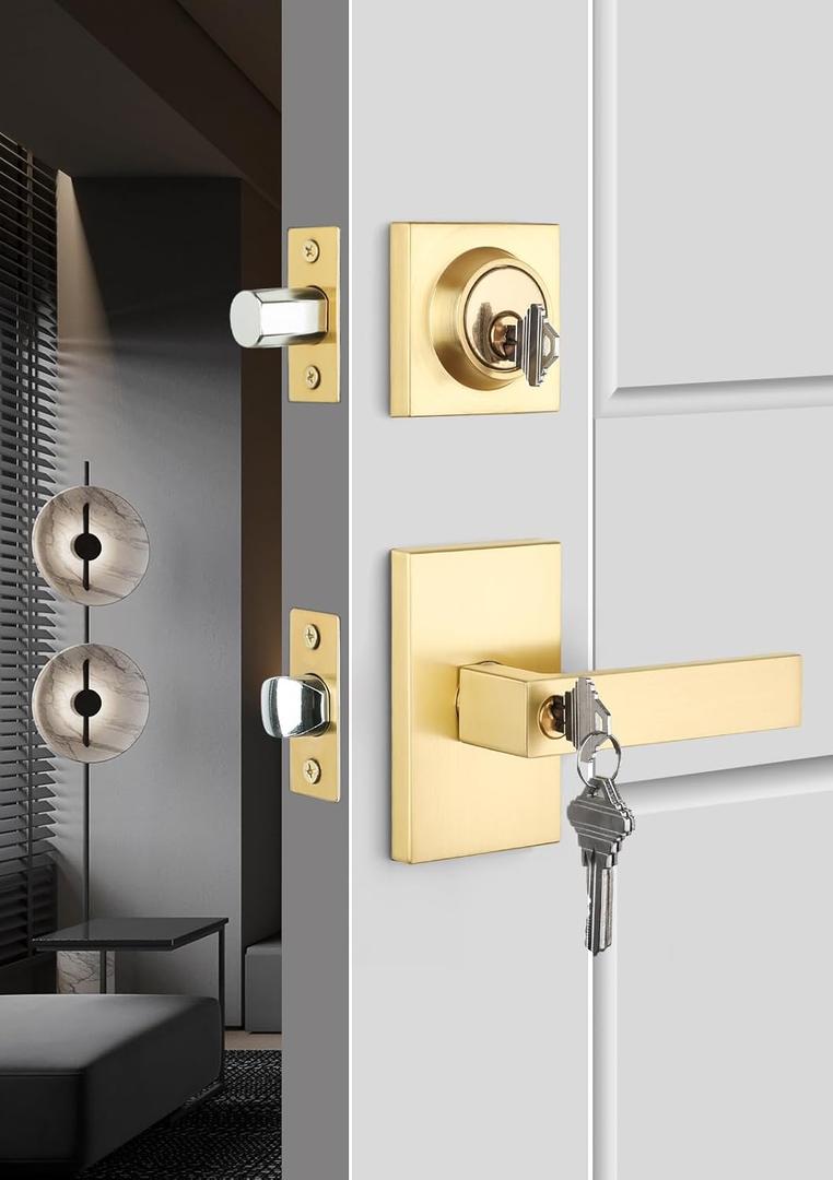 goldenwarm Gold Door Handle with Deadbolt, Square Contemporary Brushed Gold Exterior Door Lock Set with Deadbolt, Heavy Duty Zinc-alloyed Front Entry Door Locksets with Deadbolt(1 Pack) (Rectangular)