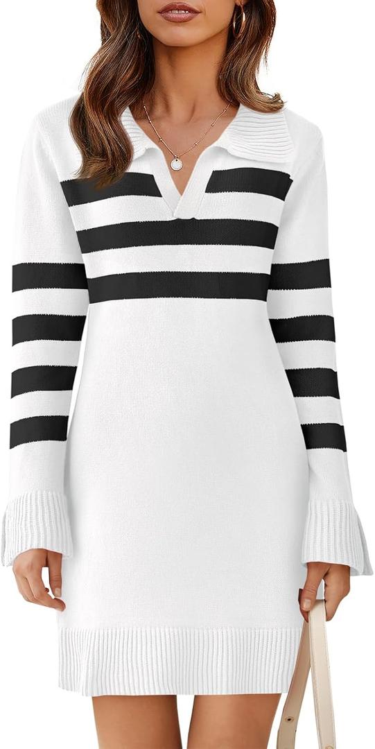 Saodimallsu Womens Striped Sweater Dress V Neck Collared Long Sleeve Slim Fit Ribbed Knit Trendy Mini Dresses (Medium, White)