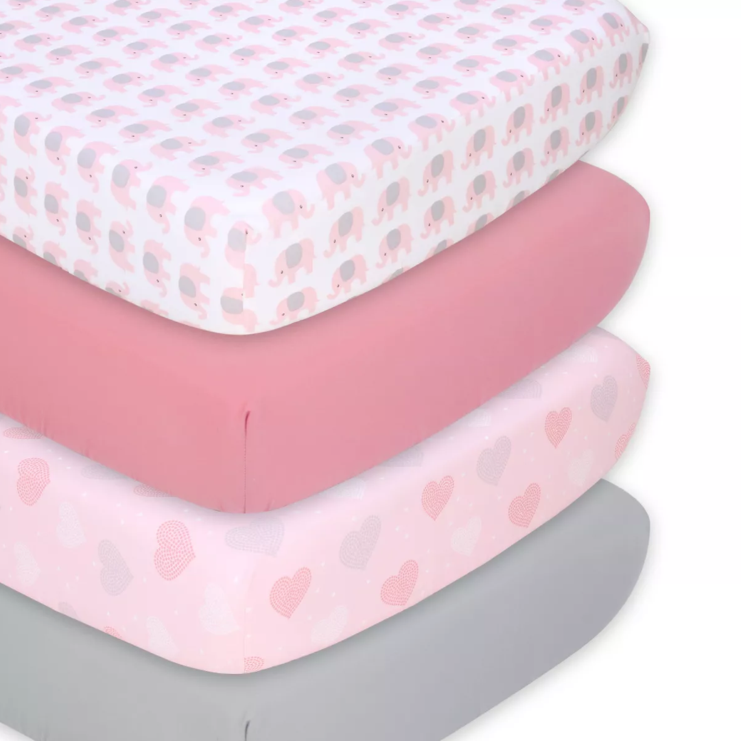 The Peanutshell Baby Crib Sheets 4-Pack for Girl - Soft, Oval & Fitted Baby Girls Crib Sheet, Rectangle, Fitted Covers, Halo Mattress - Pink Elephant