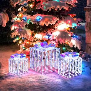 Set of 3 Iridescent Christmas Gift Box LED Lighted Present Box