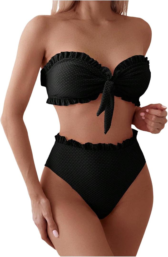 SOLY HUX Women's Ruffle Strapless Bikini Set 2 Piece Bandeau Swimsuit High Waist Bathing Suits Plain Black, Small
