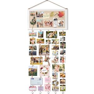 Bikoney Large Collage Picture Frame with Bulletin Board, Hanging Photo Display for Multiple Pictures, Wall Photo Organizer with 30 Clips & 6 Pushpins, Self Adhesive Hooks – No Drill Wood Photo Board for Room Decor