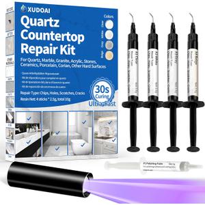 Quartz Countertop Repair Kit (Clear, White, Gray, Beige) 30s Fast Curing DIY Fix Luxury Stone, Granite Marble Acrylic Porcelain Fiberglass Quartz Countertop Chip Repair Kit for Cracks Holes Scratches