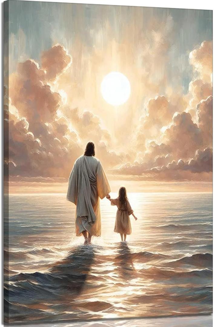 Jesus Canvas Wall Art Jesus With Girls Walks On Water Painting Picture Wall Decor Christian Art Decor Religious Poster Print Artwork for Living Room Bedroom Church Home Decoration (24"L x 16"W)