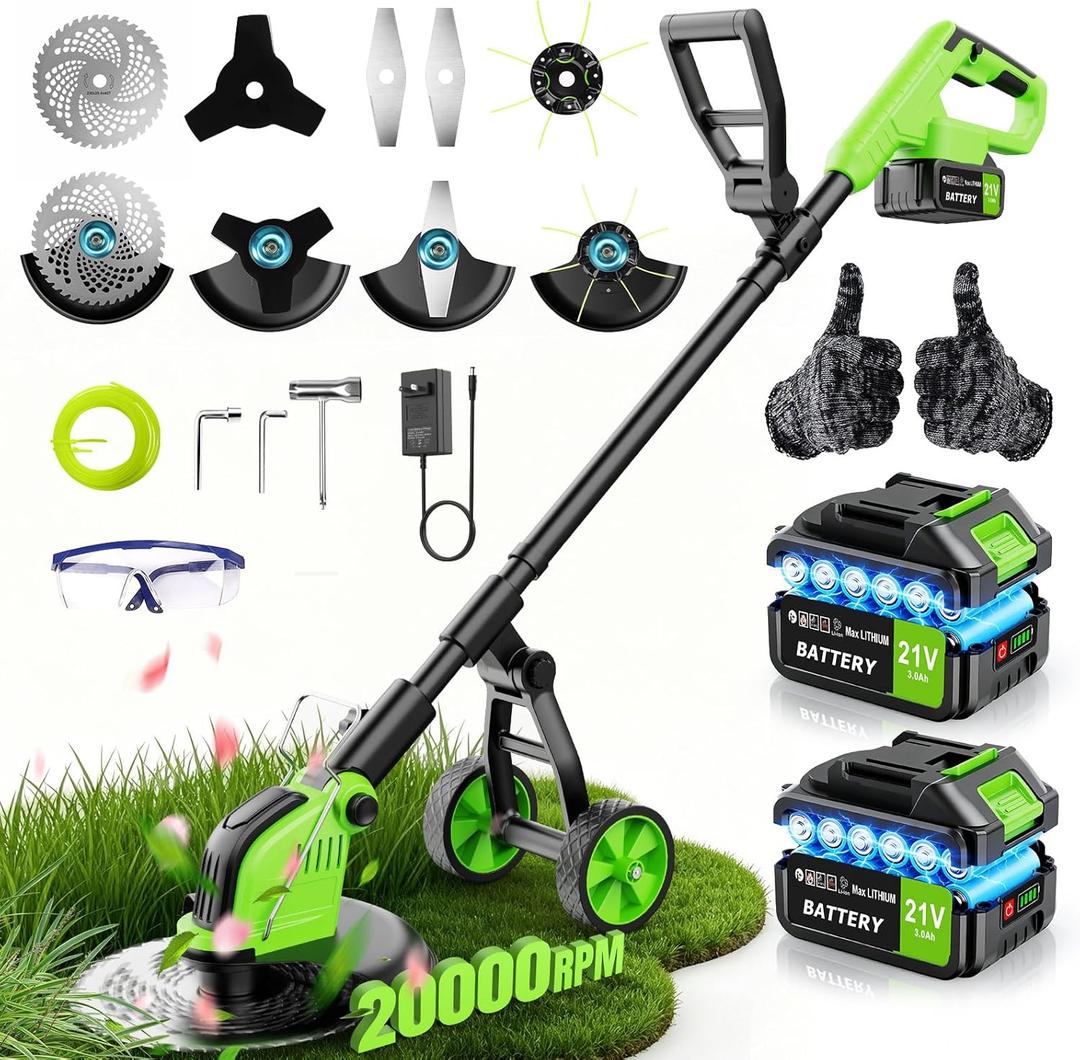 800W Brushless Weed Eater with Wheels, 12" 4-in-1 String Trimmer Lawn Edger Mini Lawn Mower Brush Cutter