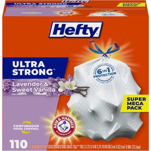 Hefty Ultra Strong 13 Gallon Trash Bags, Tall Kitchen Trash Bags 13 Gallon Size, Drawstring Closure, Continuous Odor Control, White, Lavender and Sweet Vanilla Scent, 110 Bags