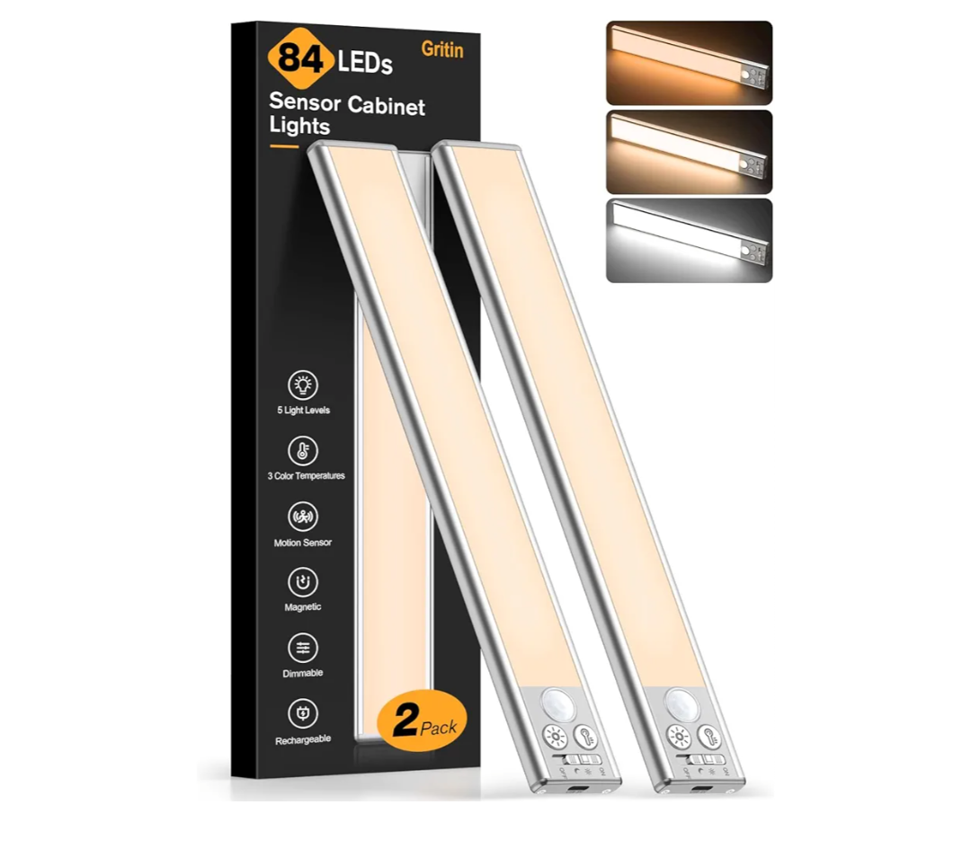 Gritin 10.2inch Under Cabinet Lighting Rechargeable 2 Pack- 3 Color Temps&5 Level Brightness, Super Bright, 4 Modes, Motion Sensor, Long Lasting - Easy Installation Magnetic Under Closet Lights