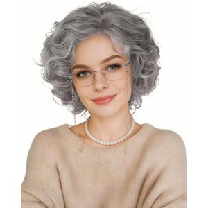 Old Lady Wig Costume Set for Women Grey Granny Wig Heat Resistant Synthetic Grandma Cosplay Wig for 100th Days of School Cosplay Halloween Party