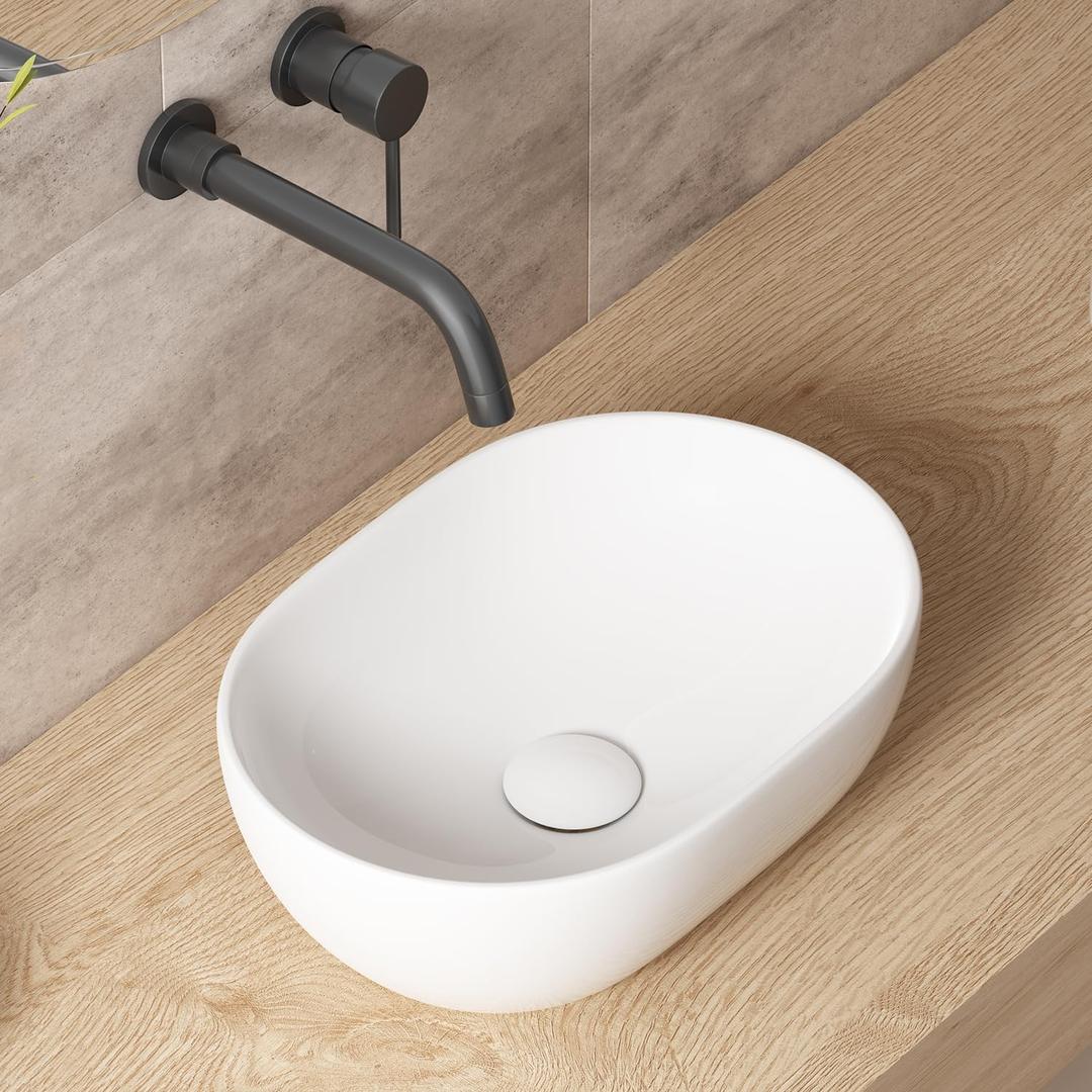 Small Bathroom Vessel Sink, OCEALAGOON 15 x 10 Oval Bathroom Sink Bowls Above Counter, Porcelain Ceramic White Vessel Sink for Bathroom, Modern Countertop Sink, Vanity Sink Lavatory Art Wash Basin
