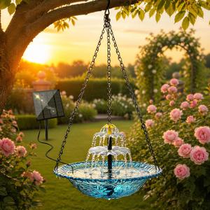 Solar Hanging Bird Bath Fountain, Solar Powered Cascading Water Fountain, Outdoor Hanging Bird Bath with Solar Fountain for Garden, Patio, Backyard