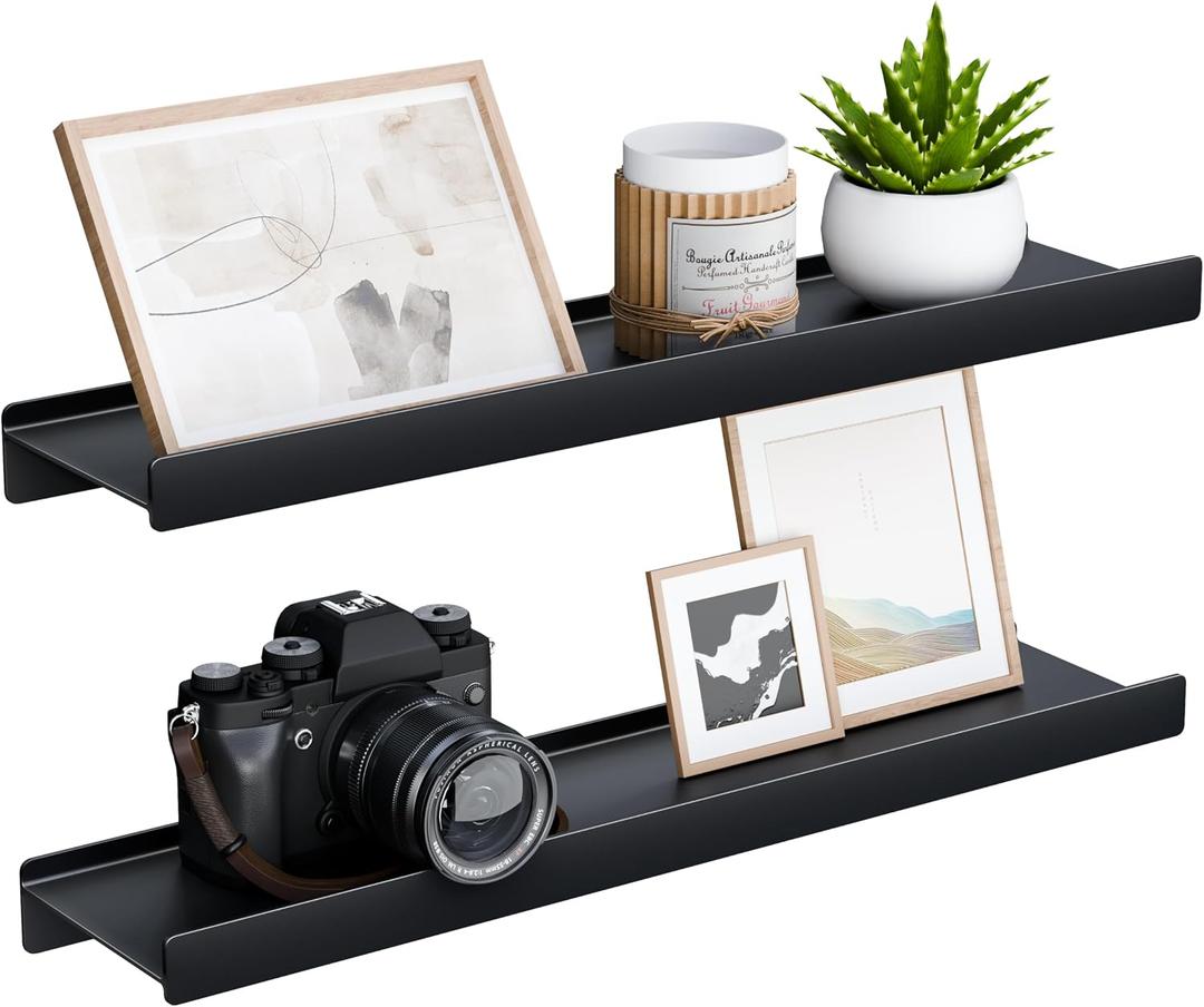 Floating Shelves for Wall, Wall Mounted Shelves with Lip for Storage, Metal Display Shelves for Home Decor, Kitchen/Living Room/Bedroom/Bathroom Shelf, Black 20 inch 2 Pack