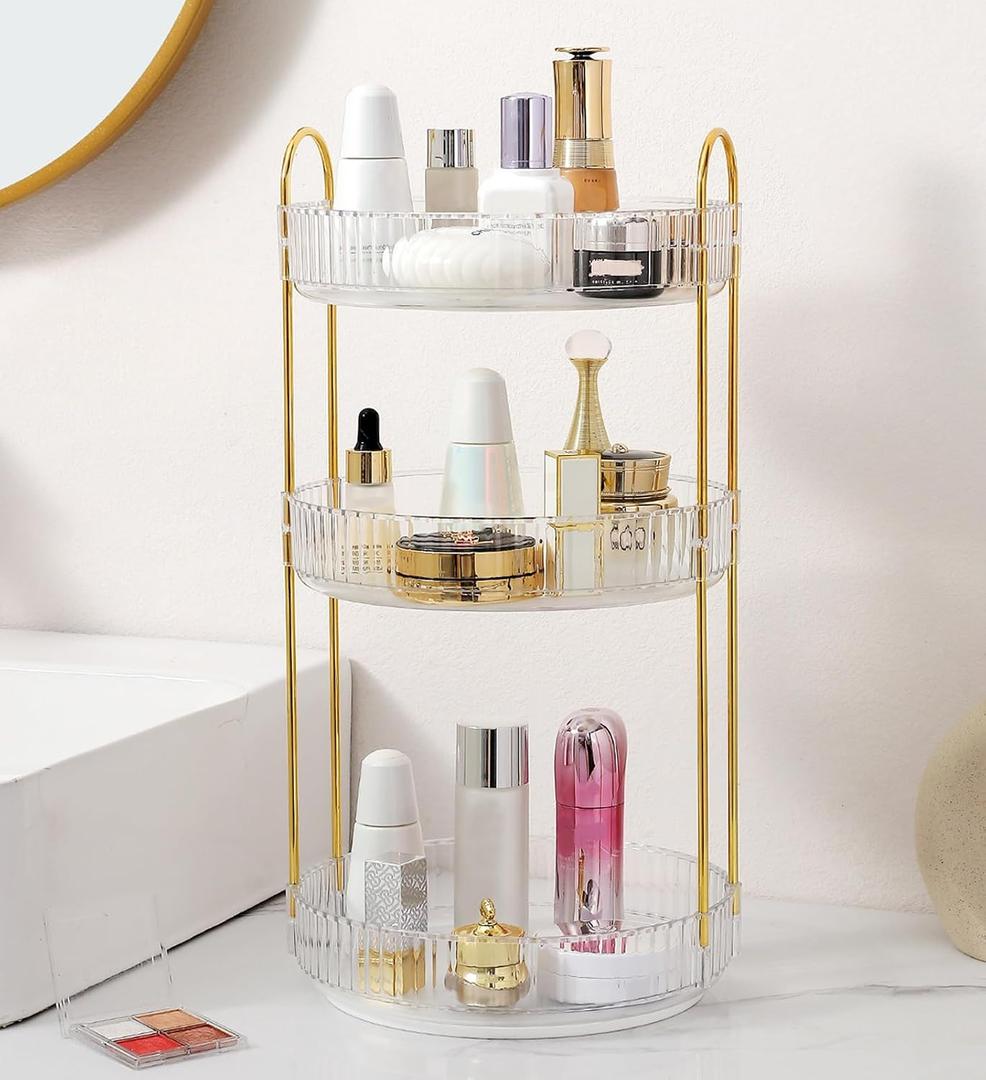 Aveniee Crystal Three-Layer 360 Rotating Cosmetic Stand, Premium Solid Metal Pole Sturdy Construction, Translucent Revolving Beauty Storage Unit for Vanity, Sink or Bathroom Shelf, White