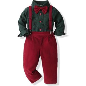 SALNIER Toddler Boy Suit Baby Boys Wedding Dress Outfit Formal Gentleman Clothes Set Dress Shirt Bowtie Suspenders Pants (12-18 Months)