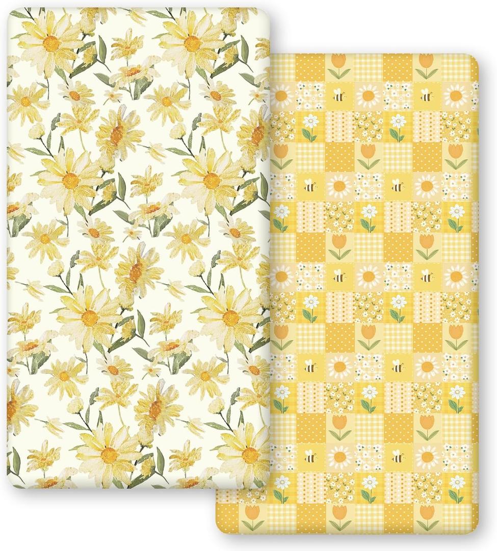 Horaldaily 2 Pack Fitted Crib Sheet for Boys Girls,Soft Breathable Washable Jersey Microfiber Baby Crib Sheet, Fits Standard Size Crib Mattress 28in x 52in, Floral Plaid Nursery Sheet Yellow/White