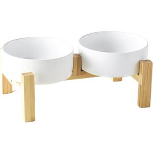 Elevated Ceramic Dog Bowl Set - Raised Dog Bowls with Non Slip Bamboo Stand, Food and Water Bowl Set for Kitty, Cats and Toy Breed Dogs, Pet Bowls, Weighted Dogs Dishes (5.1'', 2*16OZ, White)