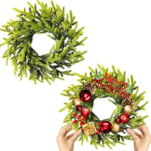 2 Pcs Christmas DIY Green Wreath 10 Inch Green Artificial Wreaths DIY Faux Plain Wreaths Front Door Green Farmhouse Cabinets Wreath Indoor Outdoor Wall Decor(Pine Needle)