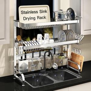 3 Tier Extra Large Stainless Steel Expandable Over The Sink Dish Drainer Drying Rack, Rust Proof Metal, Space Saving, Modern Silver Big Capacity Extendable Plate Strainers Above Kitchen Counter