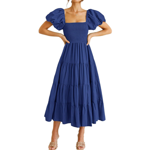 PRETTYGARDEN Women's Casual Summer Midi Dress Puffy Short Sleeve Square Neck Smocked Tiered Ruffle Dresses