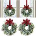 Yunlly 2 Pcs 13.8 Inch Christmas Window Wreaths with Buffalo Plaid Ribbon Artificial Frosted Cypress Wreaths with Pine Cones for Xmas Indoor Outdoor Front Door Kitchen Cabinet Decor