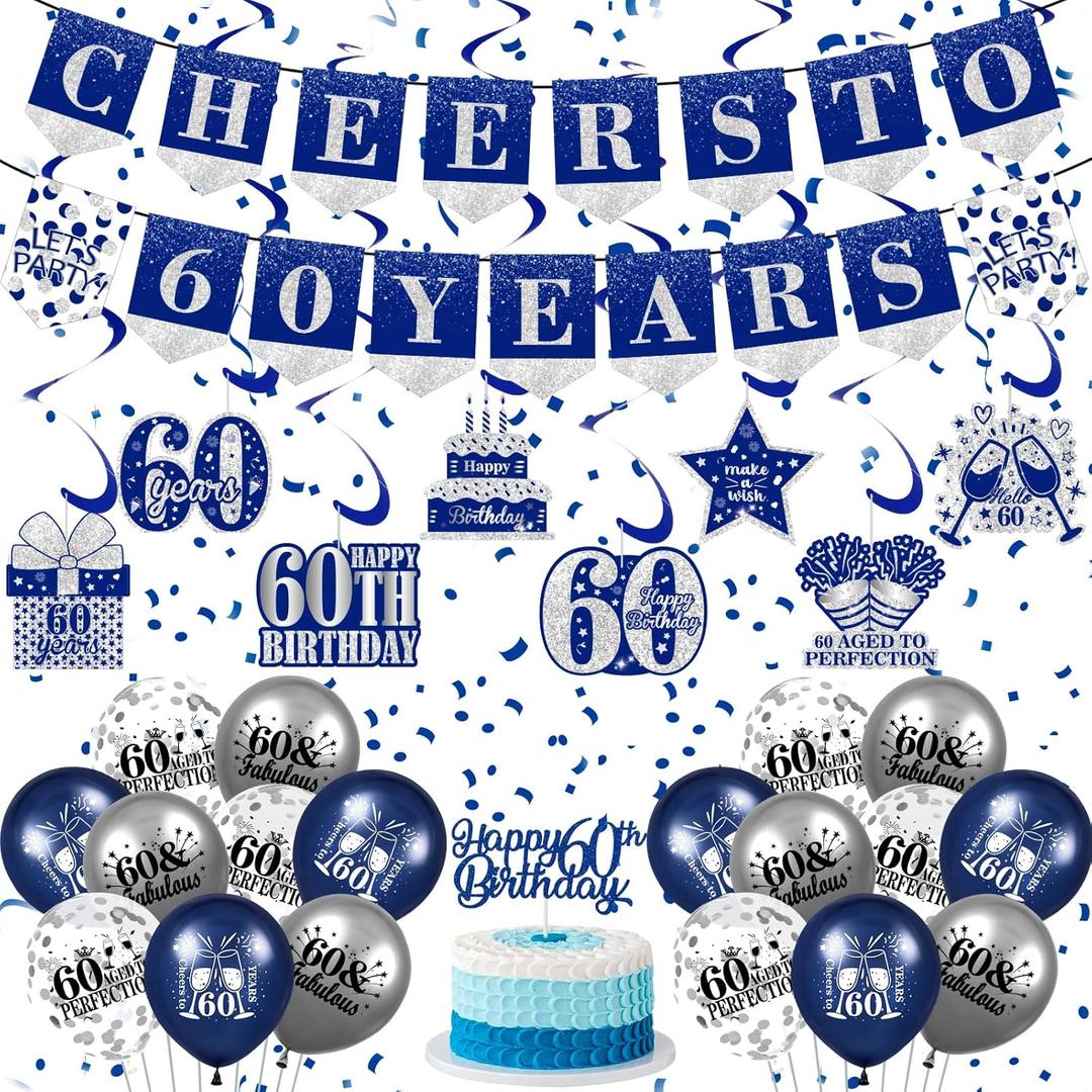 Blue & Silver 60th Birthday Banner, Balloons & Cake Topper for Men & Women - Swirls & Navy Blue Decorations for 60th Birthday Party Supplies (60th Birthday Decoration)