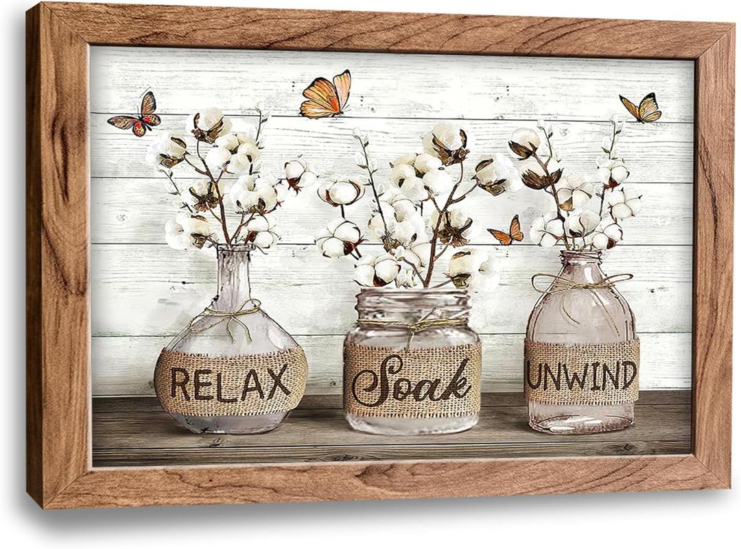 Tijuboni Farmhouse Bathroom Decor Wall Art, Rustic Cotton Flower Canvas Prints with Relax Soak Unwind Signs, Country Floral Framed Pictures Artwork for Bathroom 16"x24"