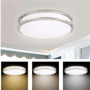 Energetic 14 Inch LED Flush Mount Ceiling Light Fixture, 3000K/4000K/5000K Color Adjustbale, Dimmable Ceiling Light for Bedroom, Kitchen, Bathroom, Study, 24W, 1560LM, Nickel, ETL Listed, 1 Pack
