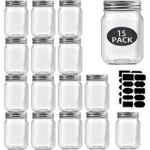 16 oz Mason Jars With Lids Regular Mouth 15 Pack-16oz Glass Jars with Silver Lids,Bulk Pint Clear Glass Jars For Meal Prep, Food Storage With 20 Labels