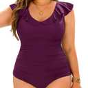 Daci Plus Size one Piece Swimsuits for Women Tummy Control Bathing Suits Ruffle Vintage Swimwear (Maroon)