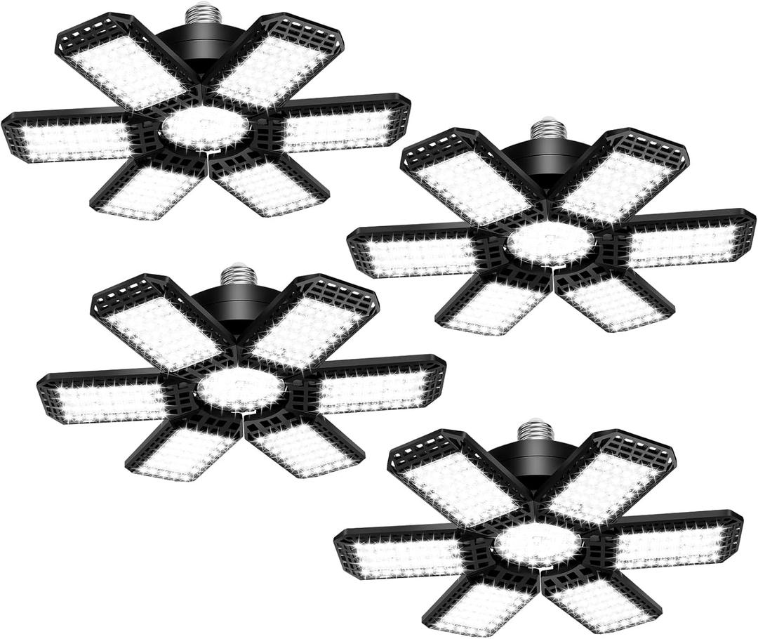 4 Pack LED Garage Light, 200W 20000LM 6500K LED Shop Lights, Garage Lights Ceiling Led with 6+1 Deformable Panels, Screw in E26/E27 Socket Bulb for Warehouse, Workshop, Basement, Barn Lighting