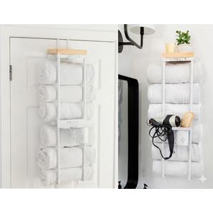 Over The Door/Wall Mounted Towel Rack - Modern Door & Wall Towel Holder for Rolled Towels with Hair Slot Dryer & Multipurpose Cup Holder - Hanging Towel Rack for Bathroom Holds 6 Large Towels - White