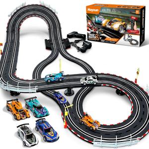 Electric Slot Car Race Track Sets - 1:43 Race Car Track Sets with 4 Slot Cars with Headlights, 2 Hand Controllers, Dual Racing Game Lap Counter, Birthday, Toys for Kids