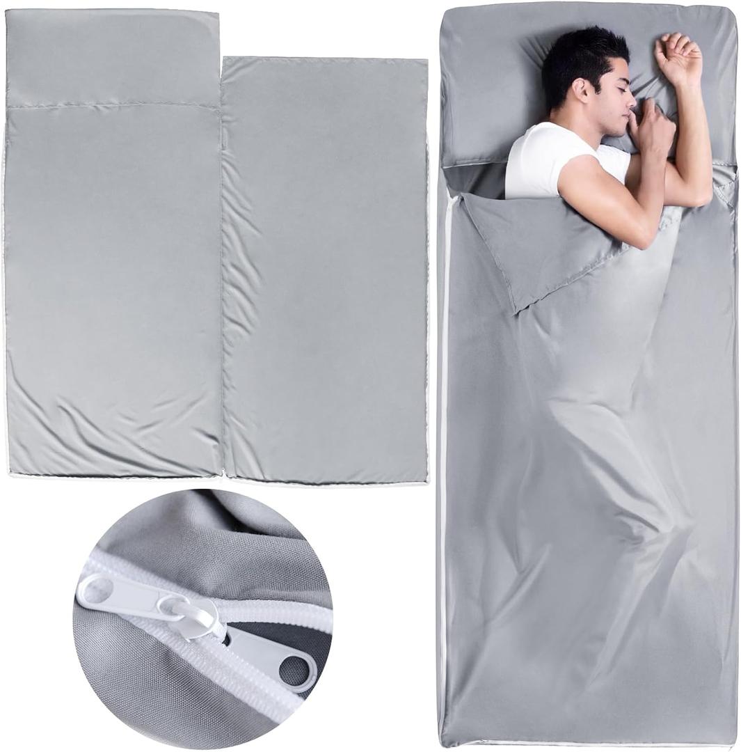 Sleeping Bag Liners with 2 Way Zipper, Adult Sleep Sack Travel Sheets for Hotel/Hostels/Business Trips, Lightweight Single Camping Sheet Sleep Bag Liner Warm & Cold Weather, Gray