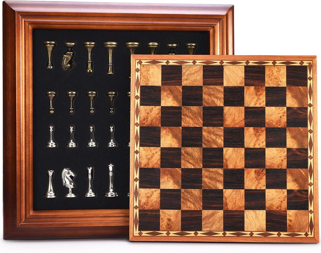 AMEROUS 14 inches Wooden Chess Set with Metal Chess Pieces / 2.5'' King/Storage for Chessmen/Gift Package/Instructions/Classic Board Game, 14 inches by 14 inches