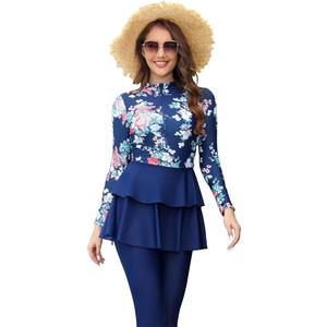 Muslim Swimsuits for Women Long Sleeve Built-in Bra Swimming Tops + Swimming Pants + Hijab Burkini Full Cover Swimwear, 2XL